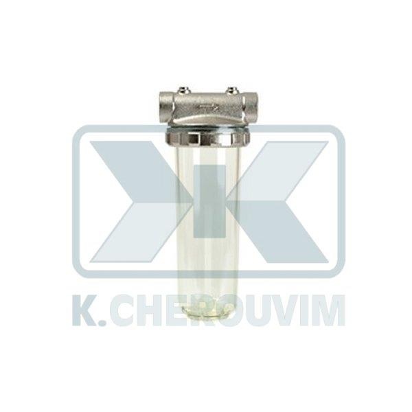 DEVICE WITH NICKEL HEAD AND CONTAINER TRANSPARENT PLASTIC 1/2" FEMALE FEMALE X 9"3/4 (INSERT 25 cm) FILTER WATER