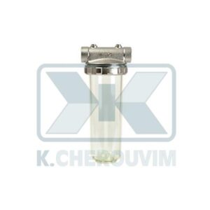 DEVICE WITH NICKEL HEAD AND CONTAINER TRANSPARENT PLASTIC 1"1/2 FEMALE FEMALE X 10" (INSERT 25 cm) FILTER WATER