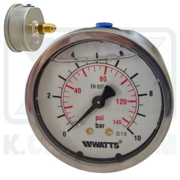 MANOMETER INOX-BRASS GLYCERIN HORIZONTAL ? 63/10 bar 1/4" (BACK THREAD)