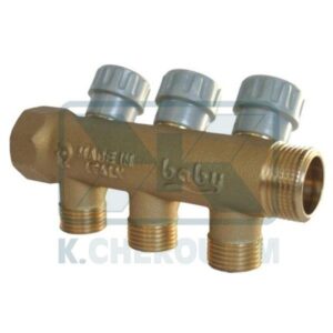 3/4" BRASS WATER MANIFOLD M/F WITH 4 ANGLED 1/2" MALE SHUT-OFF VALVES, Ø16 MM OUTLETS, 36 MM CENTRE-TO-CENTRE