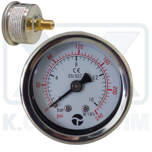 MANOMETER INOX-BRASS GLYCERIN HORIZONTAL ? 40/16 bar 1/8" (BACK THREAD)