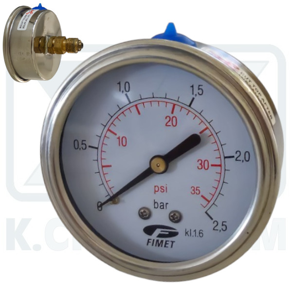 MANOMETER INOX-BRASS GLYCERIN HORIZONTAL ? 63/2,5 bar 1/4" (BACK THREAD)
