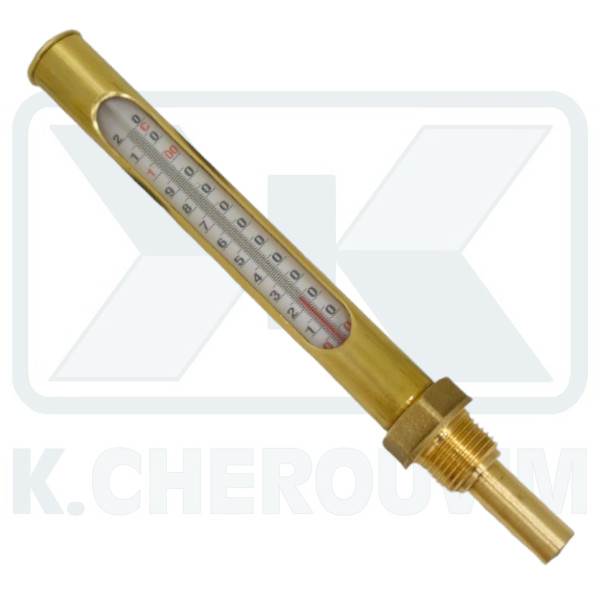 THERMOMETER CYLINDRICAL WITH GLASS L150 X 40 FROM -10 UP TO +120°C 1/2" MALE VERTICAL BRASS (DOWN THREAD)