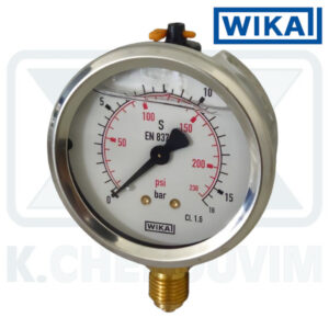 ΜΑΝΟΜΕΤΡΟ WIKA ΙΝΟΧ-ΟΡΕΙΧΑΛΚΙΝΟ ΓΛΥΚΕΡΙΝΗΣ ΚΑΘΕΤΟ Φ63/0+16 bar 1/4" (ΚΑΤΩ ΣΠΕΙΡΩΜΑ) ΑΚΡΙΒΕΙΑ ±1,6%