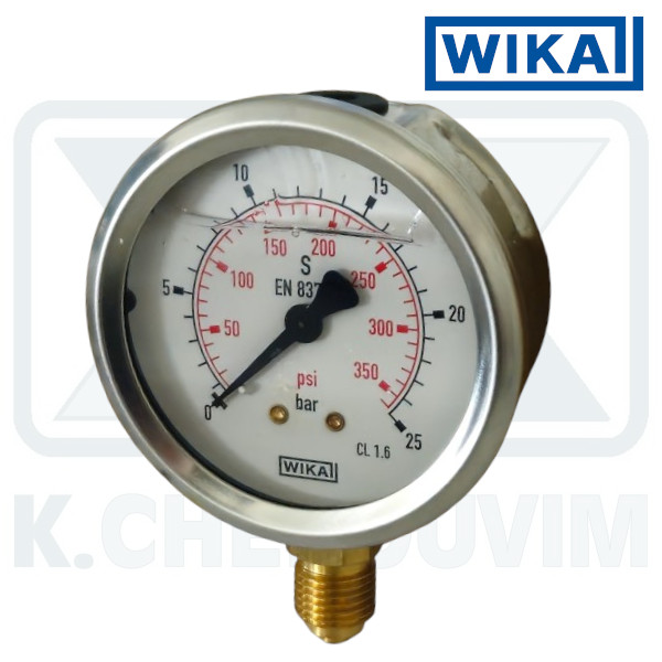 MANOMETER WIKA INOX-BRASS GLYCERIN VERTICAL ? 63/0+25 bar 1/4" (DOWN THREAD) ACCURACY ±1,6%